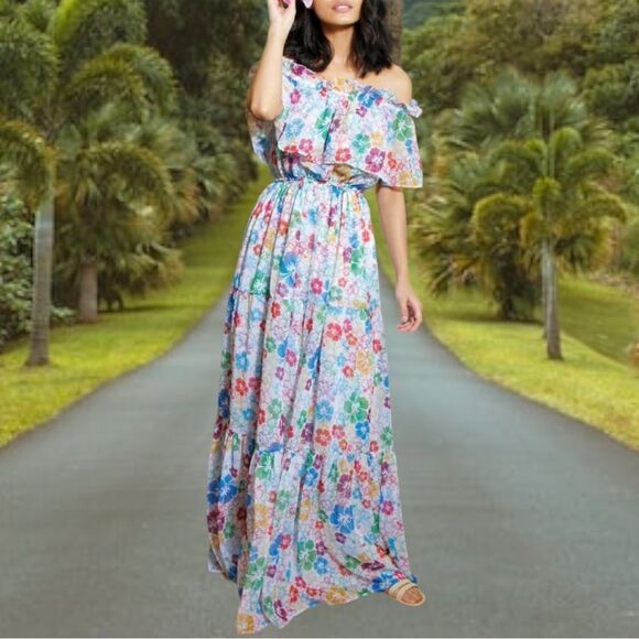 ALL THINGS MOCHI Kona Floral Bardot Chiffon Maxi Dress M - Picture 1 of 16